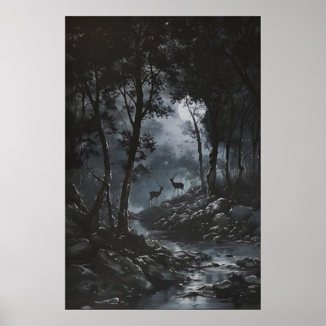 Affiche Full Moon Dark Forest with Fawn Deer Art Dark (Devant)