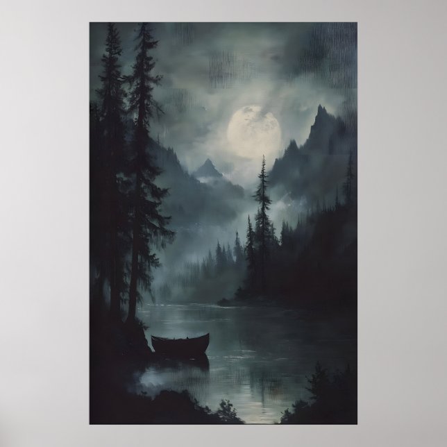 Affiche Full Moon Mountain Lake Art Dark Woodland Moody (Devant)