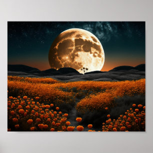 Affiche Full Moon Orange Field of Flowers