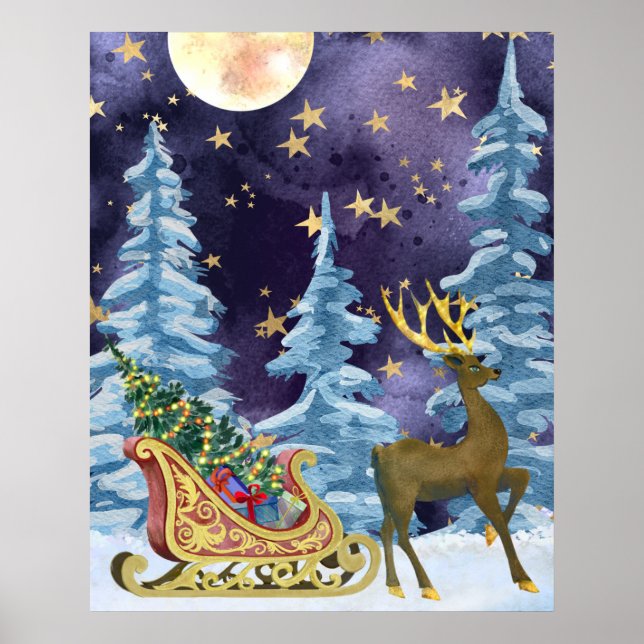 Affiche Full Moon over Reindeer With Sleigh (Devant)