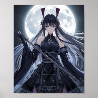 Affiche Full Moon Samurai — Elegant Dark Anime Warrior Gir