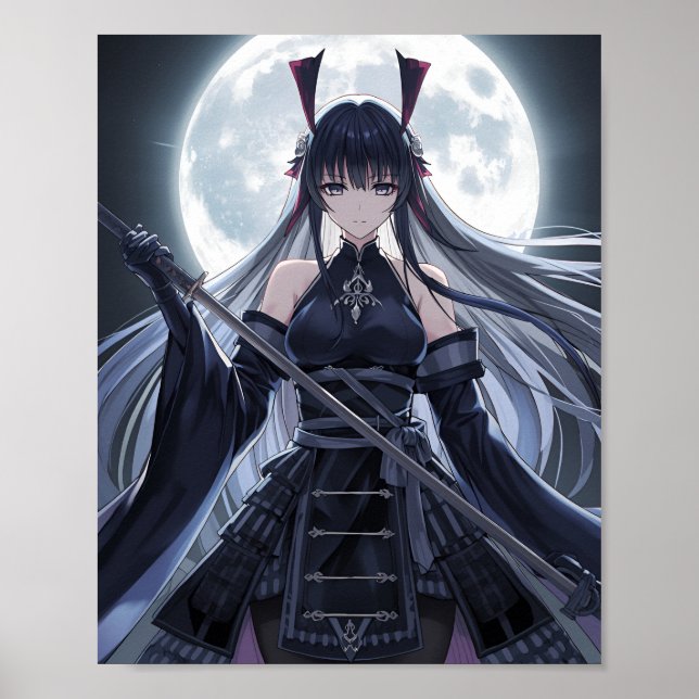 Affiche Full Moon Samurai — Elegant Dark Anime Warrior Gir (Devant)