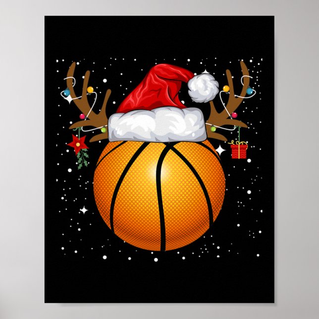Affiche Fun Basketball Reindeer Santa Hat Noël (Devant)