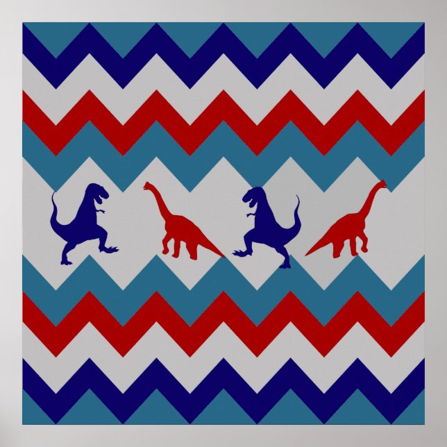 Affiche Fun Boys Dinosaures Rouge Bleu Chevron Motif (Devant)