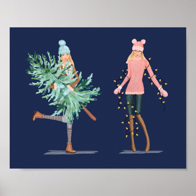 Affiche Fun Christmas Lovin' Girls Holding Tree & Lights (Devant)