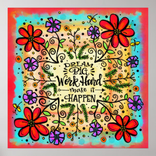 Affiche Fun Floral "Travailler dur" Inspiration Classe