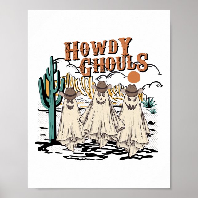 Affiche Fun Howdy Ghouls Western Halloween Fantômes d'auto (Devant)