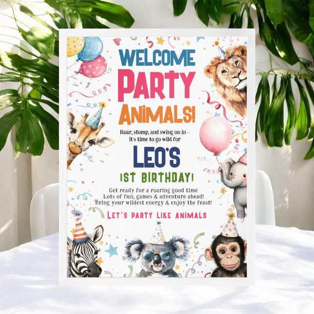 Affiche Fun Party Animaux 1er anniversaire Bienvenue (Fun Party Animals 1st birthday Welcome Poster)
