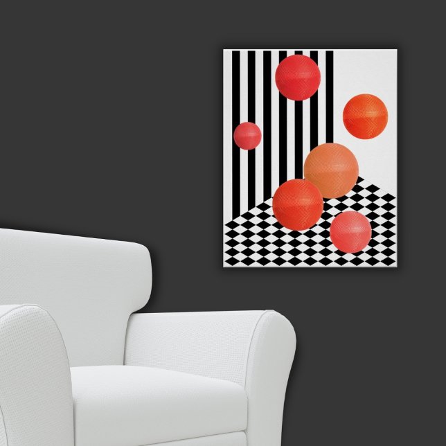 Affiche Fun Red Round Collage noir & blanc bandes (Red Bouncing Balls Poster)