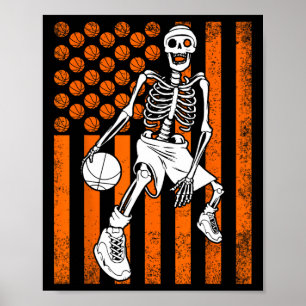 Affiche Fun Skeleton Joueur de basket USA American Flag V