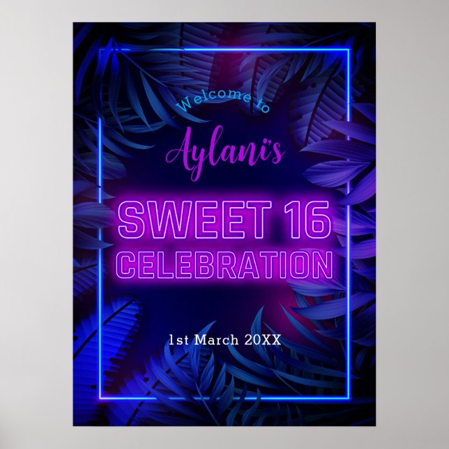 Affiche Fun Sweet 16 Neon Glow Anniversaire Bienvenue (Devant)