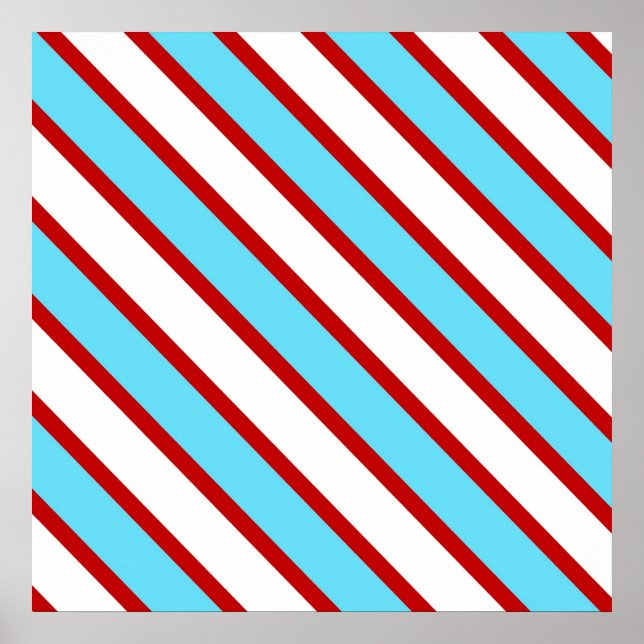 Affiche Fun Turquoise Blue Red and White Diagonal Stripes (Devant)