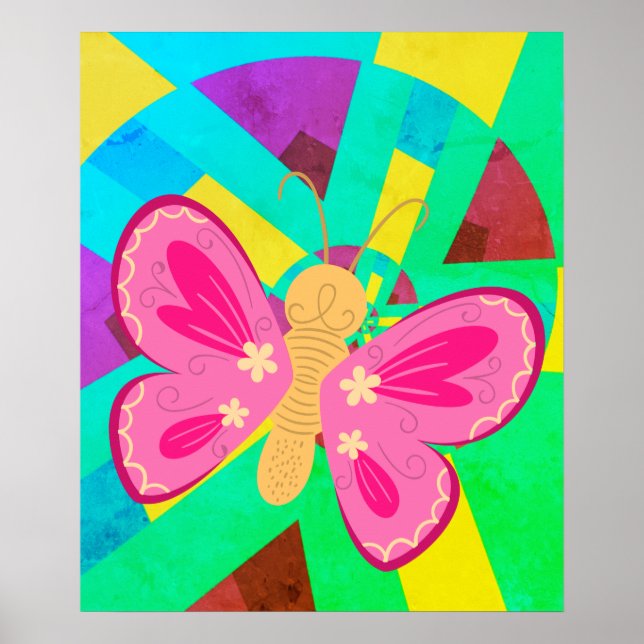 Affiche Fun Turquoise, vert et rose papillon abstrait (Devant)