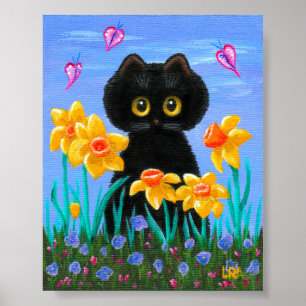 Affiche Funky Black Cat Art Spring Daffodils Créationarts