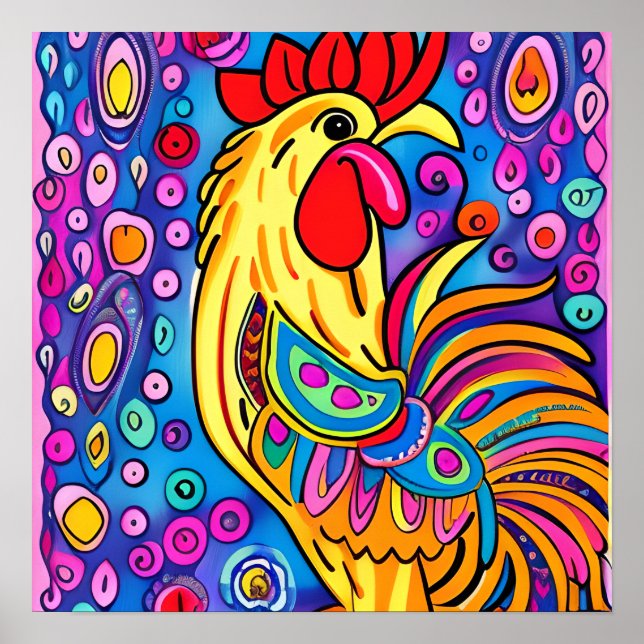 Affiche Funky Boho Rooster Farm Animal Portrait Art (Devant)