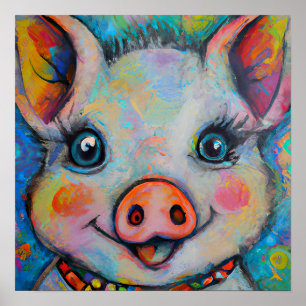 Affiche Funky Happy Piglet Farm Animal Portrait Art