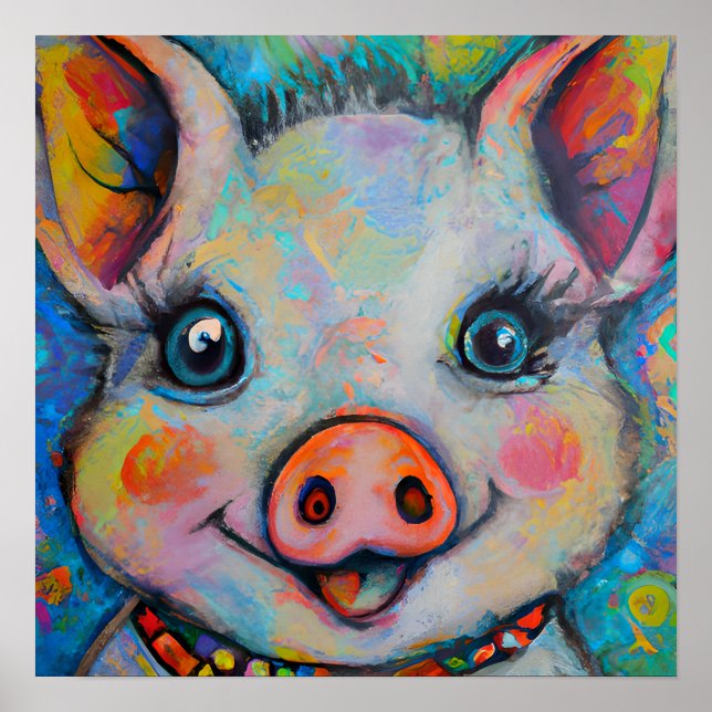 Affiche Funky Happy Piglet Farm Animal Portrait Art (Devant)