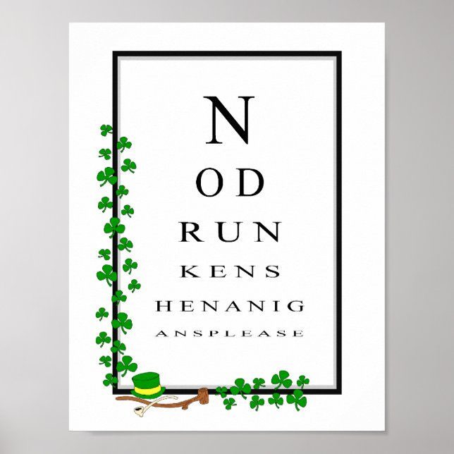 Affiche Funky Irish Eye Test Chart Pas de Shenanigans ivre (Devant)