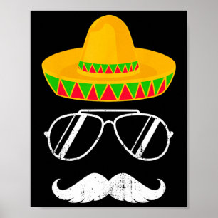 Affiche Funky Mexicain Sombrero Moustache Face Pour Cinco 