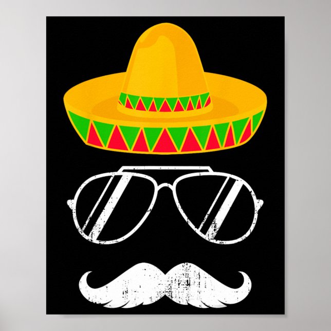 Affiche Funky Mexicain Sombrero Moustache Face Pour Cinco  (Devant)