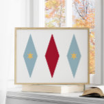 Affiche Funky Rouge Bleu Jaune Etoiles Jacquard Mid Mod<br><div class="desc">Cette affiche d'inspiration moderne du milieu du siècle présente 3 grands diamants avec 2 étoiles au centre,  dans une combinaison des couleurs bleu clair,  rouge et jaune. Cela ferait un ajout amusant à vos murs !</div>