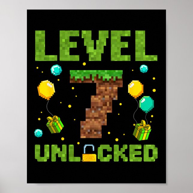 Affiche Funny 7th Birthday Boy Gamer Level 7 Unlocked Pixe (Devant)
