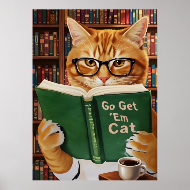Affiche Funny Adorable Reading Cat Art Coffee Tabby Cat (Devant)