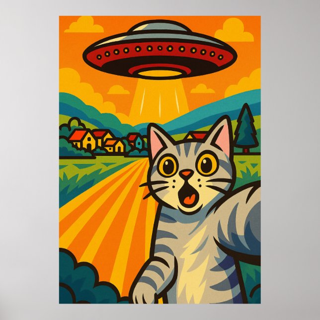 Affiche Funny Alien Cat UFO Abduction Cat Retro Pop Art (Devant)