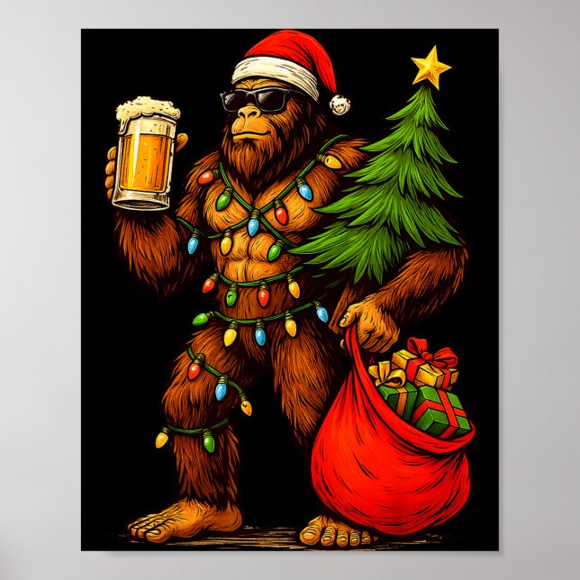 Affiche Funny Big Foot Santa Hat Drink Christmas Tree Xmas (Devant)