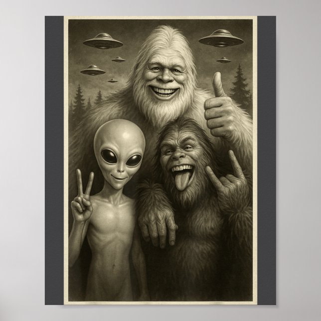Affiche Funny Bigfoot, Alien, &amp; Yeti Sasquatch Rock On (Devant)
