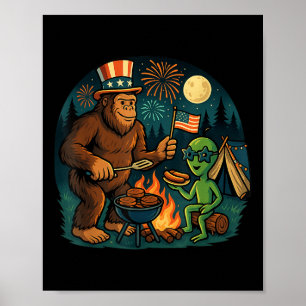 Affiche Funny Bigfoot Alien Bbq Campfire 4 juillet Ameri