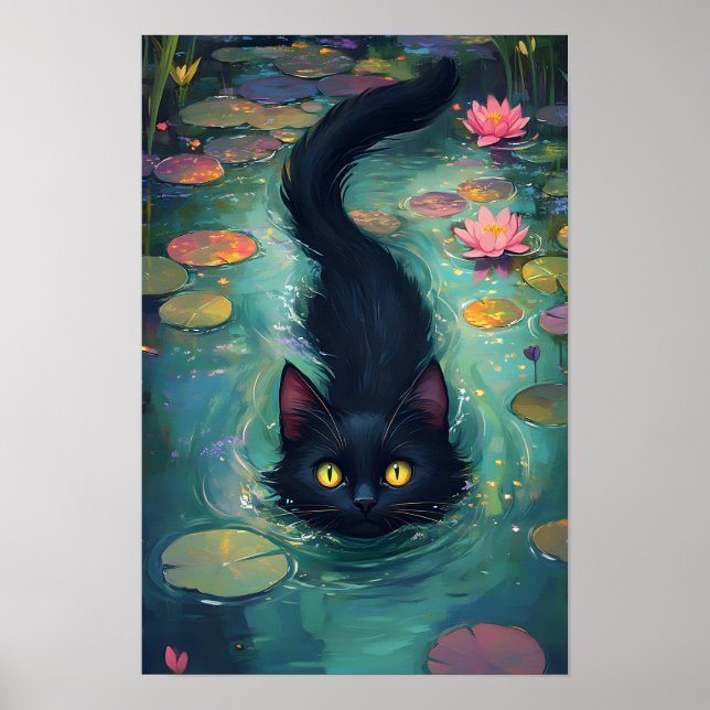 Affiche Funny Black cat is swimming  (Devant)