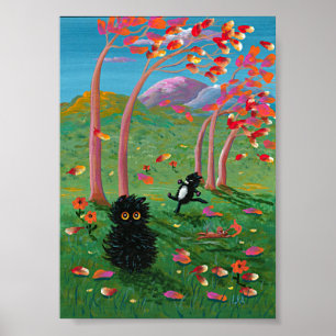 Affiche Funny Black Cat Mouse Arbres Créationarts