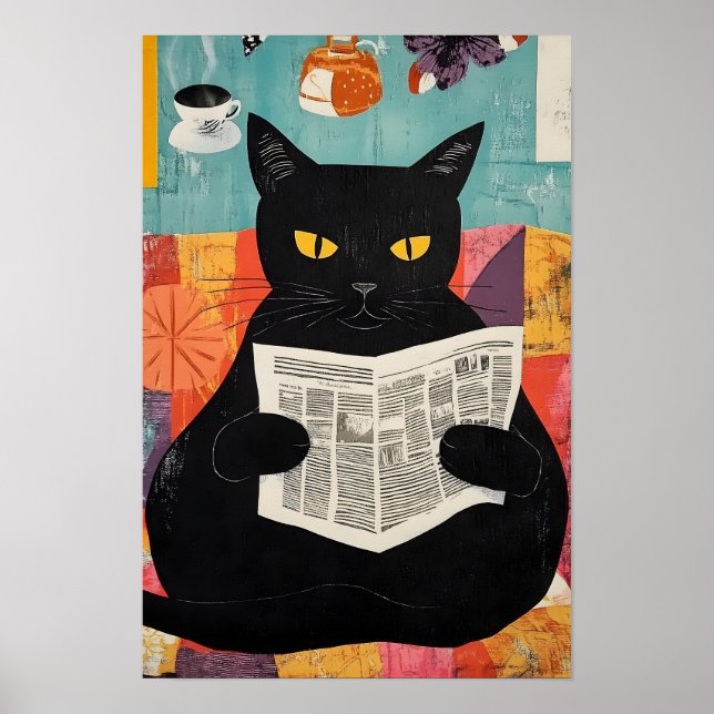 Affiche Funny Black cat Reading Newspaper  (Devant)