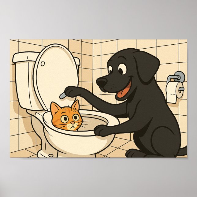 Affiche Funny Black Labrador and Cat Bathroom Art  (Devant)