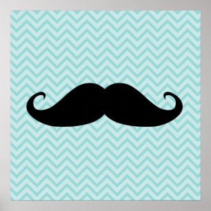 Affiche Funny Black Mustache And Blue Chevron Pattern