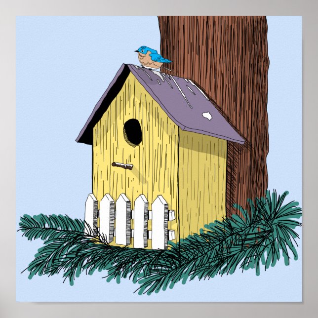 Affiche Funny Bluebird sur Birdhouse (Devant)