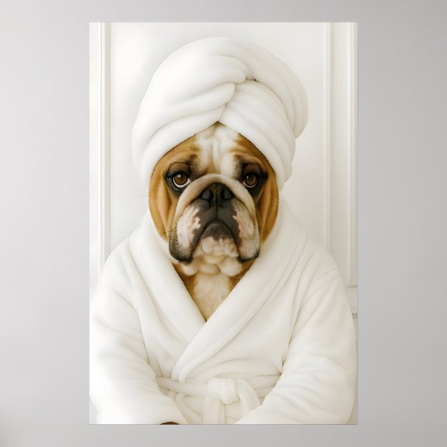 Affiche Funny Bulldog Bathroom Print, Bulldog In Bathrobe (Devant)