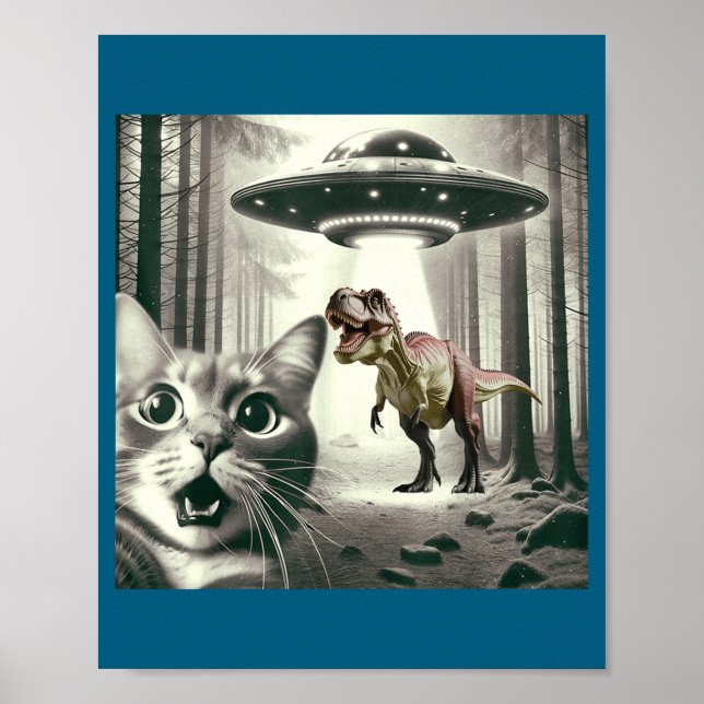 Affiche Funny Cat Selfie With Alien Ufo And T-rex Dinosaur (Devant)