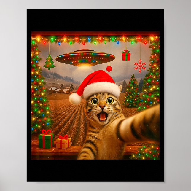 Affiche Funny Cat Selfie With Alien Ufo Christmas Lights S (Devant)