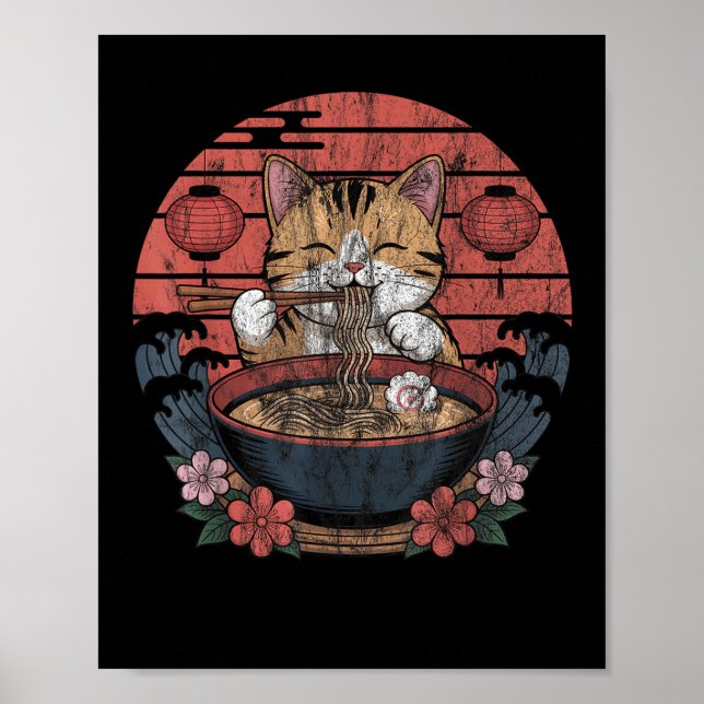 Affiche Funny Chat Ramen Graphic Tee Japonais Kawaii Anime (Devant)