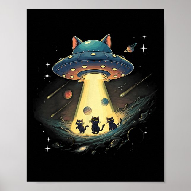 Affiche Funny Chat Ufo Cute Kitty Espace Alien Aes (Devant)