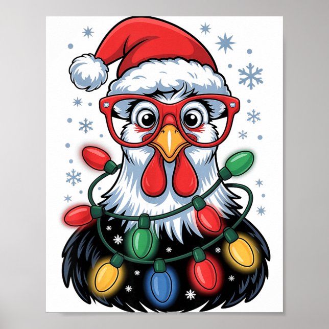 Affiche Funny Chicken Christmas Tree Lights Santa Hat Xmas (Devant)