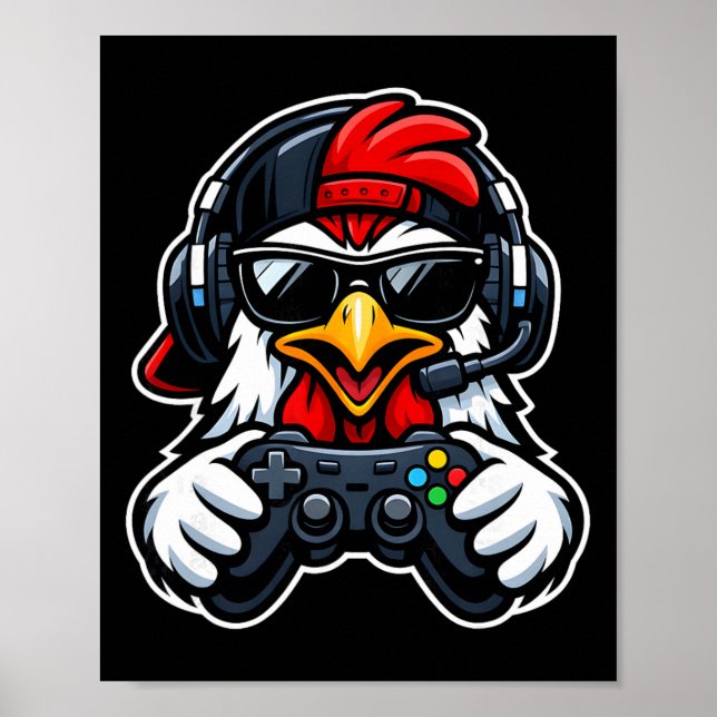 Affiche Funny Chicken Gamer Tee Casque de Gaming Manette d (Devant)