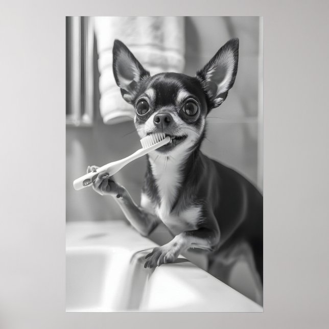 Affiche Funny Chihuahua Bathroom Art Print, Brushing Teeth (Devant)