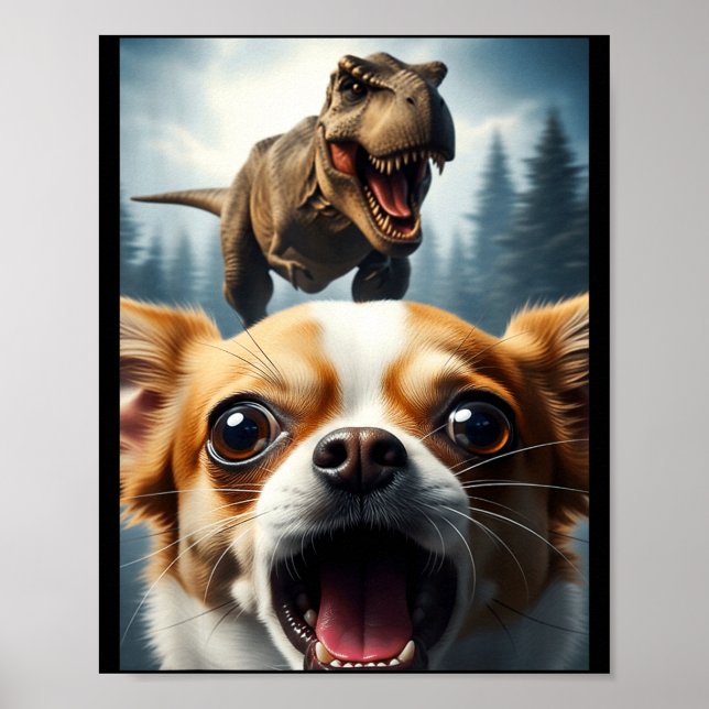 Affiche Funny Chihuahua Dog Selfie With T-rex Women Men Ki (Devant)
