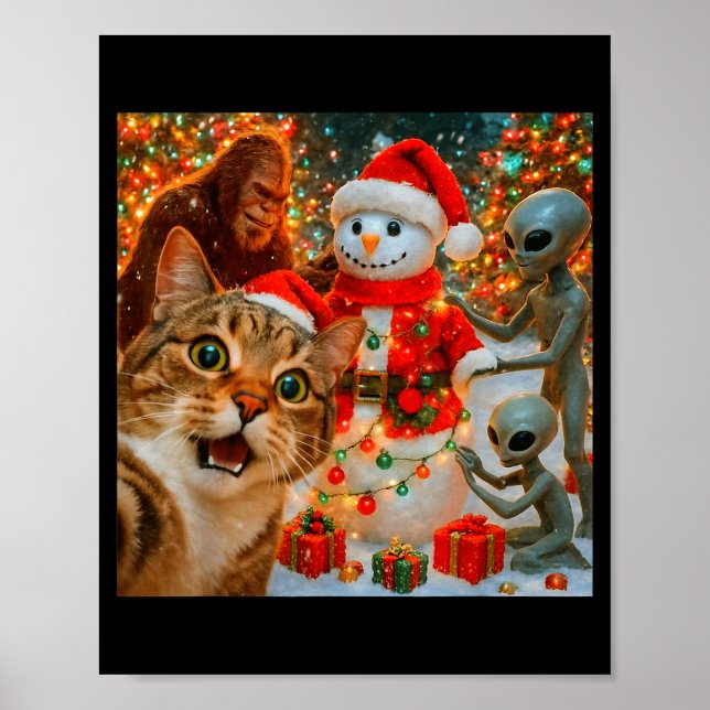 Affiche Funny Christmas Cat Selfie With Bigfoot Alien &amp (Devant)