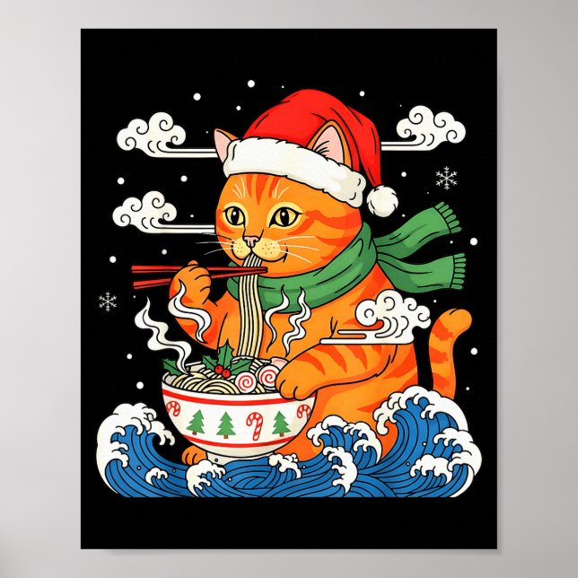 Affiche Funny Christmas Ramen Cat Eating Noodles Japanese  (Devant)