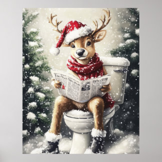 Affiche Funny Christmas Reindeer Reading on the Toilet