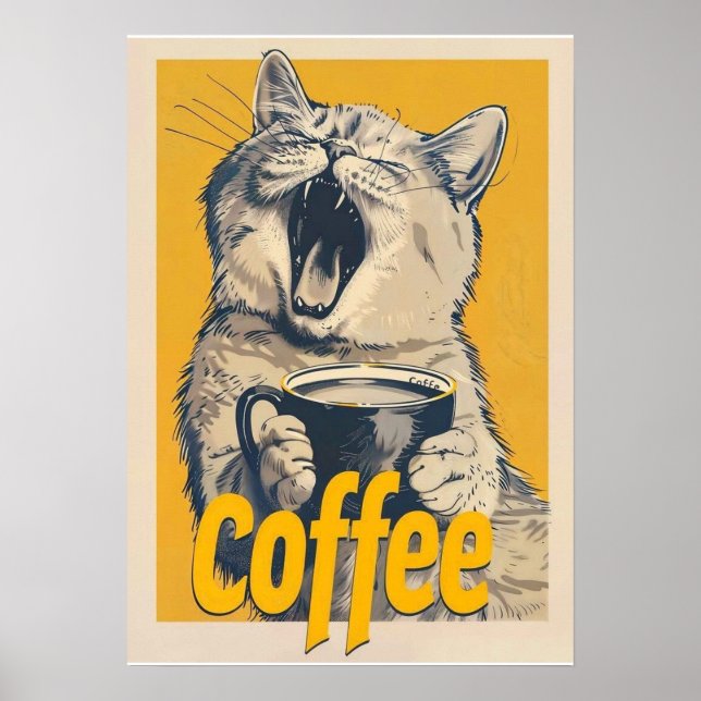 Affiche Funny Coffee Cat Illustration – Yawning Cat Coffee (Devant)